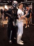 Cosplayers dressed as Padme from ATTACK OF THE CLONES and a Mandalorian Commando strike a pose at Star Wars Celebration...on April 16, 2015.