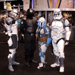 Cosplayers dressed as Imperial officers and Mandalorian Commandos strike a pose at Star Wars Celebration...on April 16, 2015.