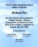 My Skydive Perris certificate.