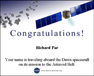 My certificate for NASA's Dawn asteroid mission