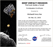 My certificate for NASA's Deep Impact space mission
