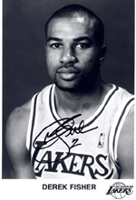 An autographed pic by Laker point guard Derek Fisher.