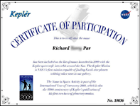 My certificate for NASA's Kepler mission