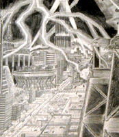 A lightning storm strikes a mega metropolis in this 1996 high school drawing.
