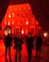 The red curtain entrance to the annual Christmas party