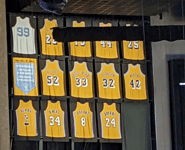 A snapshot of retired jerseys for former Lakers players...with Pau Gasol's jersey set to be unveiled at halftime, on March 7, 2023.