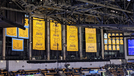 Another snapshot of the championship banners and retired jerseys for the Lakers inside Crypto.com Arena...on March 7, 2023.