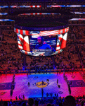 Anthony Davis appearing on the Jumbotron during the national anthem at Crypto.com Arena...on March 7, 2023.