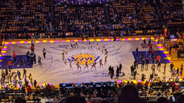 The Laker Girls step onto the court during a timeout at Crypto.com Arena...on March 7, 2023.