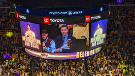 Pau Gasol is shown on the Jumbotron as he watches the Lakers-Grizzlies game at Crypto.com Arena...on March 7, 2023.
