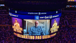 Former Lakers head coach Phil Jackson gives a video tribute to Pau Gasol during a timeout at Crypto.com Arena...on March 7, 2023.