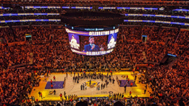 Pau Gasol gives a speech before his retired jersey is unveiled on the rafters at Crypto.com Arena...on March 7, 2023.