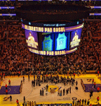 The retired jerseys of Pau Gasol and Kobe Bryant are shown on the Jumbotron at Crypto.com Arena...on March 7, 2023.
