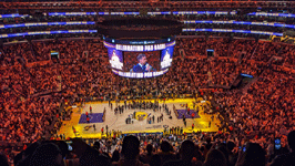 Pau Gasol continues his speech after his retired jersey was unveiled on the rafters at Crypto.com Arena...on March 7, 2023.