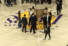 Pau Gasol is congratulated by his brother Marc (who won an NBA championship with the Toronto Raptors in 2019) during the halftime ceremony at Crypto.com Arena...on March 7, 2023.