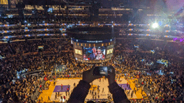 Pau Gasol and his young daughter are shown on the Jumbotron after the Lakers' victory against the Grizzlies at Crypto.com Arena...on March 7, 2023.