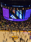 The retired jerseys of Pau Gasol and Kobe Bryant are shown on the Jumbotron at Crypto.com Arena one last time on March 7, 2023.