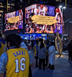 Video screens at L.A. Live continue to show Pau Gasol tributes after the Lakers game ended at Crypto.com Arena...on March 7, 2023.