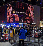 Video screens at L.A. Live continue to show Pau Gasol tributes after the Lakers game ended at Crypto.com Arena...on March 7, 2023.